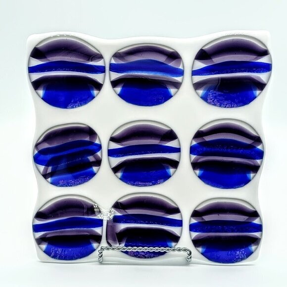 Cobalt Blue Purple Circle Print Square White Art Glass Dish - Picture 5 of 6